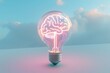 A 3D render of a light bulb with a neon glowing brain inside, placed on a pastel sky blue background, denoting clarity of thought
