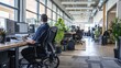 © mariiaplo - A dynamic office space featuring a professional working on a computer while seated in a wheelchair, surrounded by green plants and colleagues