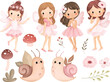 Watercolor Illustration Set of Beautiful Pink Fairy with Snail, Mushroom and Plants