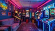 Retro slot machine room. Casino game background. Gambling addiction. Gamble luck. Beautiful neon light. Joyful night life concept. Big victory. Lucky bet play. 777 arcade and money prize roulette.