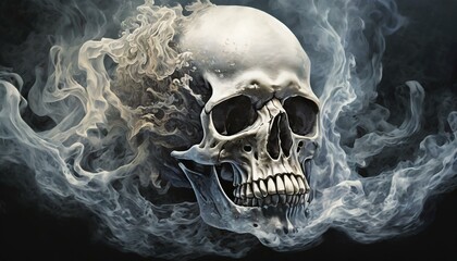 Wall Mural - burning skull with smoke wallpaper texted hyperrealistic high detailed smoke burning column forming an semi transparent ethereal skull's shaped atomic 