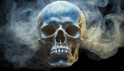 Wall Mural - burning skull with smoke wallpaper texted hyperrealistic high detailed smoke burning column forming an semi transparent ethereal skull's shaped atomic 