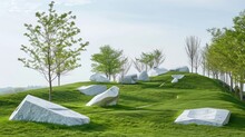 A Green Wide Open Space Hill With Very Few Trees And Few Big White Marble Geometric Primitive Shapes Scattered Around As An Exhibition 