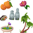 Jeju island in Korea travel illustration icon. Hareubang dol drawing, flower, tangerine food and cute landmark nature symbol isolated graphic set. Discovery Asia and traditional culture research
