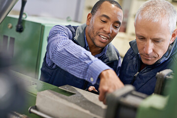 Poster - Factory, machine and coworkers in service discussion, maintenance for industrial safety and diversity employee together. Mechanical engineering, production monitoring system or warehouse inspection