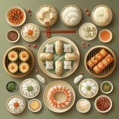 Wall Mural - Flat Design, Delicious Dim Sum Food Illustration, Vector Style.
