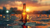Create a captivating image featuring a beer bottle positioned on the water's surface, surrounded by rising water droplets from the impact. 