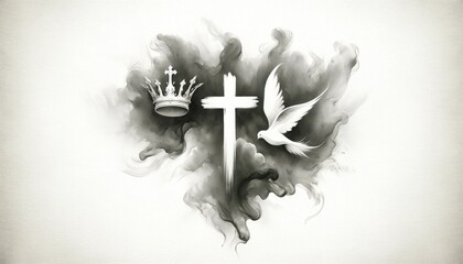 holy trinity symbols. crown, cross and dove silhouettes against cloud of grey smoke on a white backg