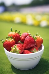 Wall Mural - A bowl of strawberries sits on a green lawn