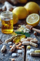 Wall Mural - A jar of honey is on a table with a bunch of pills and a lemon