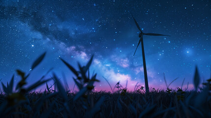 Wall Mural - Wind turbine farm against a beautiful starry night sky.