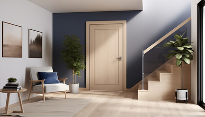 Wall Mural - Warm minimalist home interior with wooden door stairs and floor blue wall and green plants