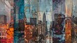 A mixed media collage showcasing different textures and colors combining photographs of city windows with layers of crinkled tissue paper designed to look like raindrops.
