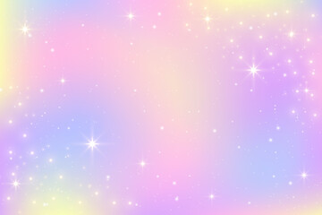 Poster - Color gradient background. Light rainbow pastel sky. Abstract iridescent vector texture with sparkles and stars. Soft pink and purple unicorn dreamy wallpaper with spectrum gradation.
