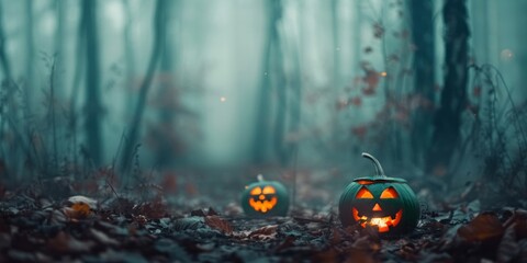 Wall Mural - Two Halloween jack o lantern pumpkins placed among trees in a mysterious forest setting