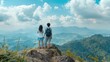 Two Asian people standing on the top of the mountain, real, back view, side view, summer clothes ​