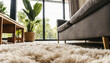 Fluffy carpet and stylish furniture on floor indoors, low angle view