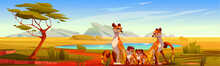 Cheetah Family On Savannah Landscape. Vector Cartoon Illustration Of African Leopard Pride Sitting Near Lake In Desert, Clear Water, Green Tree And Grass, Rocky Stones On Horizon, Blue Summer Sky