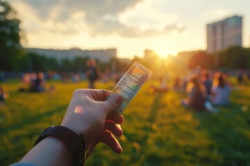 A person standing in a park, holding up a ticket with a slight smile on their face