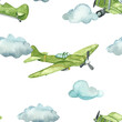 Watercolor seamless pattern with military aircraft, air transport for children's prints