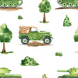 Watercolor seamless pattern with military equipment, tank, car, military transport, trees, bushes, military print
