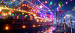 Party on a ship with balloons and lights. Festive bright banner. Holiday concept.