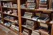 An antique library with rows of books that seamlessly transform into digital tablets and e-readers on the shelves, illustrating the evolution of reading formats