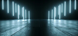 Fototapeta Do przedpokoju - Cyber Tunnel Corridor Stadium Futuristic Sci Fi Alien Dark Huge Warehouse Cement Concrete Grunge Room With Neon Laser Glowing Stage Showcase 3D Rendering