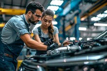A Mechanic And A Woman Are Seen Discussing Car Parts And Working On A Vehicle In A Commercial Setting