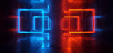 Fototapeta Perspektywa 3d - Futuristic Modern Cyber Laser Neon Square Lights GLowing Blue Orange Cement Grunge Room Corridor Tunnel Bunker Stage Podium Background 3D rendering