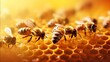 A macro image featuring bees diligently working on honeycombs, illustrating the art of beekeeping and honey production
