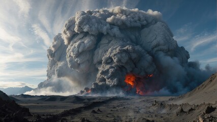 Poster - A volcano erupting with smoke and lava. Generative AI.