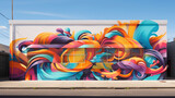 Fototapeta  - A cacophony of colors and shapes come alive in a street art mural, where graffiti-style lettering and abstract forms collide to create a visually stunning masterpiece.