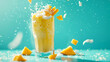 Creamy mango smoothie splashing out of the glass with chunks of mango flying around against a calming blue background