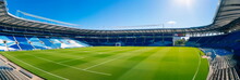 Panoramic Shot Of The Empty Soccer Stadium, With The Focus On The Meticulously Maintained Grass Field. Generative AI