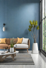 Wall Mural - 3D rendering image of Modern living room interior design and blue wall texture background. Generative AI.