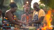 Photo of an african family gathered around a barbecue grill, cooking traditional foods to celebrate Juneteenth, candid laughter and joy, outdoor setting with soft focus on the background
