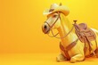 A horse wearing a cowboy hat and a saddle is laying down on a yellow background