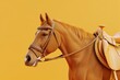 A brown horse with a bridle on its head is standing on a yellow background