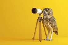 A Yellow Owl Is Standing In Front Of A Camera With A Tripod