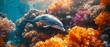 vibrant marine life Picture, coral reef, dappled sunlight filtering, Among the coral formations, there should be an elegant dolphin swimming gracefully, kaleidoscope