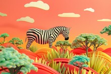 A Zebra Is Walking Through A Field Of Grass And Trees