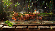 Dynamic image of bacon-wrapped asparagus with a lively garnish shower on wooden board