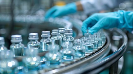 Wall Mural - Hands of staff check Medical vials on production line at pharmaceutical factory