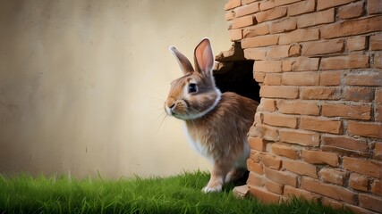 happy Easter bunny day Easter bunny poster peeking out of a hole in the wall with copy space, rabbit jumps out of a torn hole for celebrating Easter day
