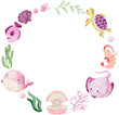 Watercolor hand drawn illustration of sea animals wreath in pink color