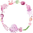 Watercolor hand drawn illustration of sea animals wreath in pink color
