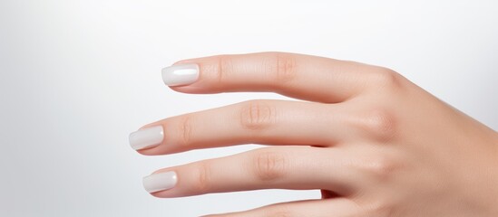 A closeup shot showcasing a womans hand with white nails against a white backdrop, highlighting the details of her nails and wrist as a fashion accessory in magenta nail polish