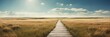 Beautiful panoramic sunny prairie grass lands landscape with wooden path nature banner poster background backdrop from Generative AI