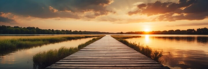 Wall Mural - Beautiful panoramic sunset river landscape with wooden path nature banner poster background backdrop from Generative AI